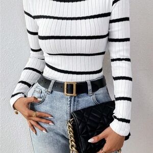 SHEIN Black and White Ribbed Long Sleeve Top